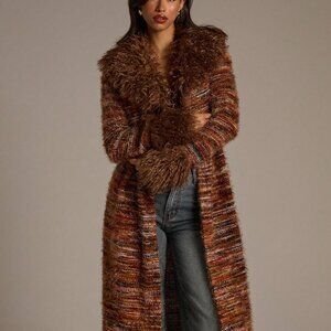 Multicolor Bohemian Women's fuzzy Collar & Cuffs Long Striped sweater Cardigan